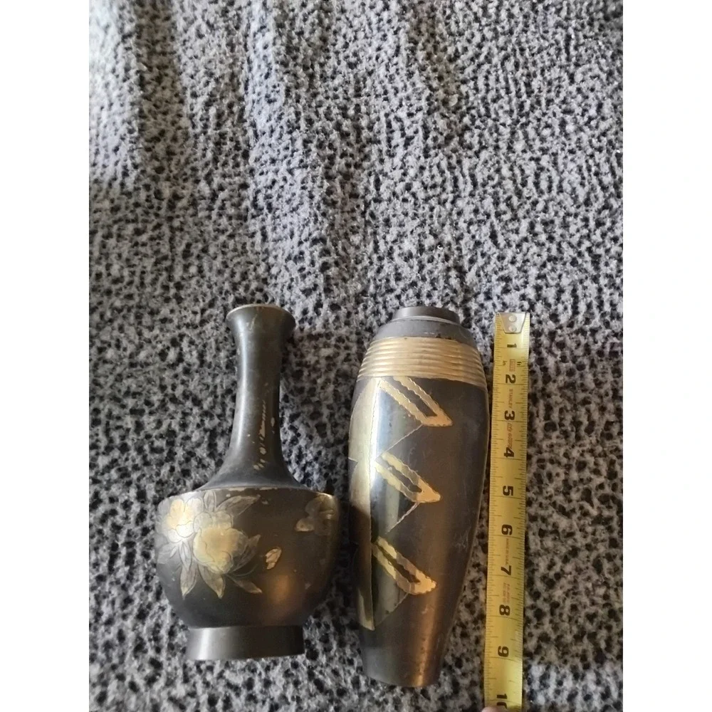 Vintage‎ Terrybear India Brass Vases Mixed Metal Floral Geometric Decor Set of 2